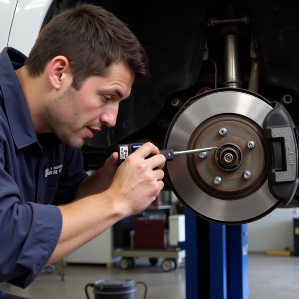 Mechanic Inspecting the Brakes of a 2002 GMC Yukon