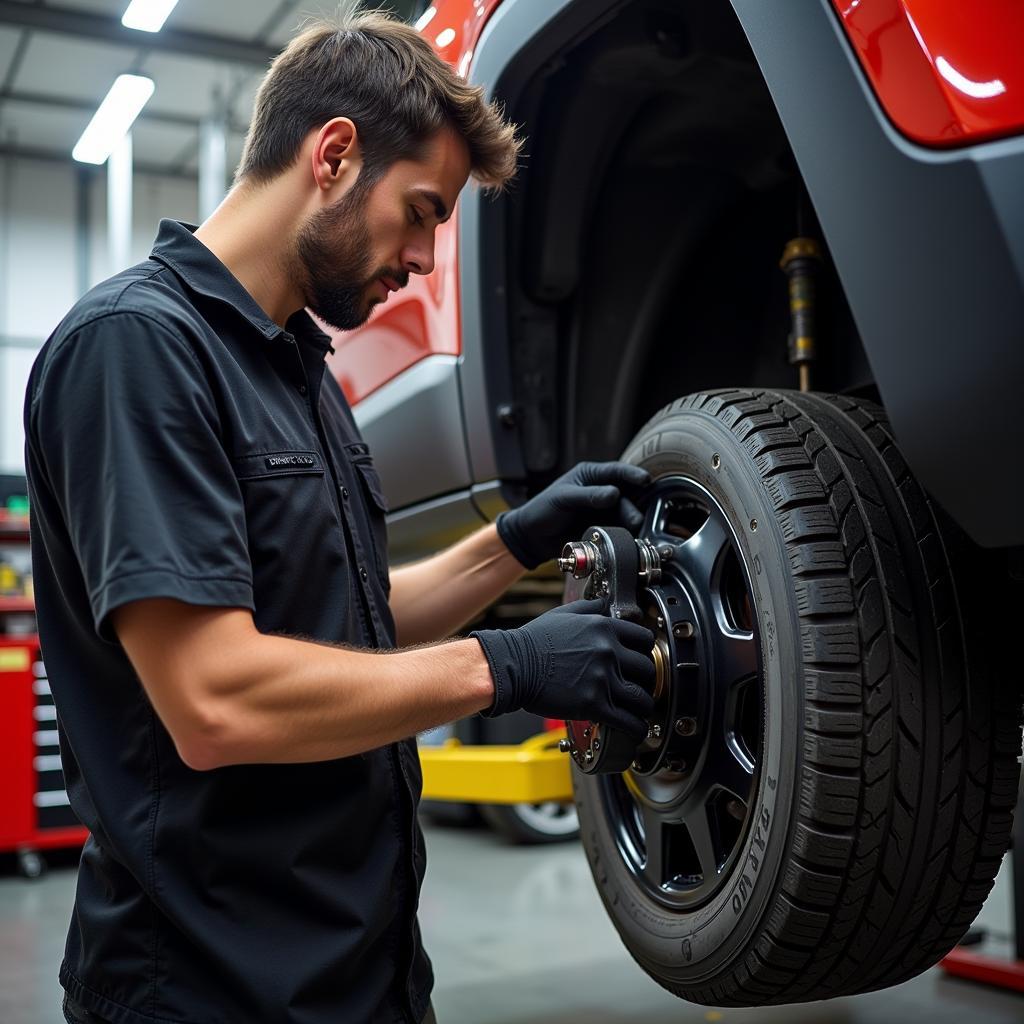 Mechanic Inspecting Jeep Renegade Brakes