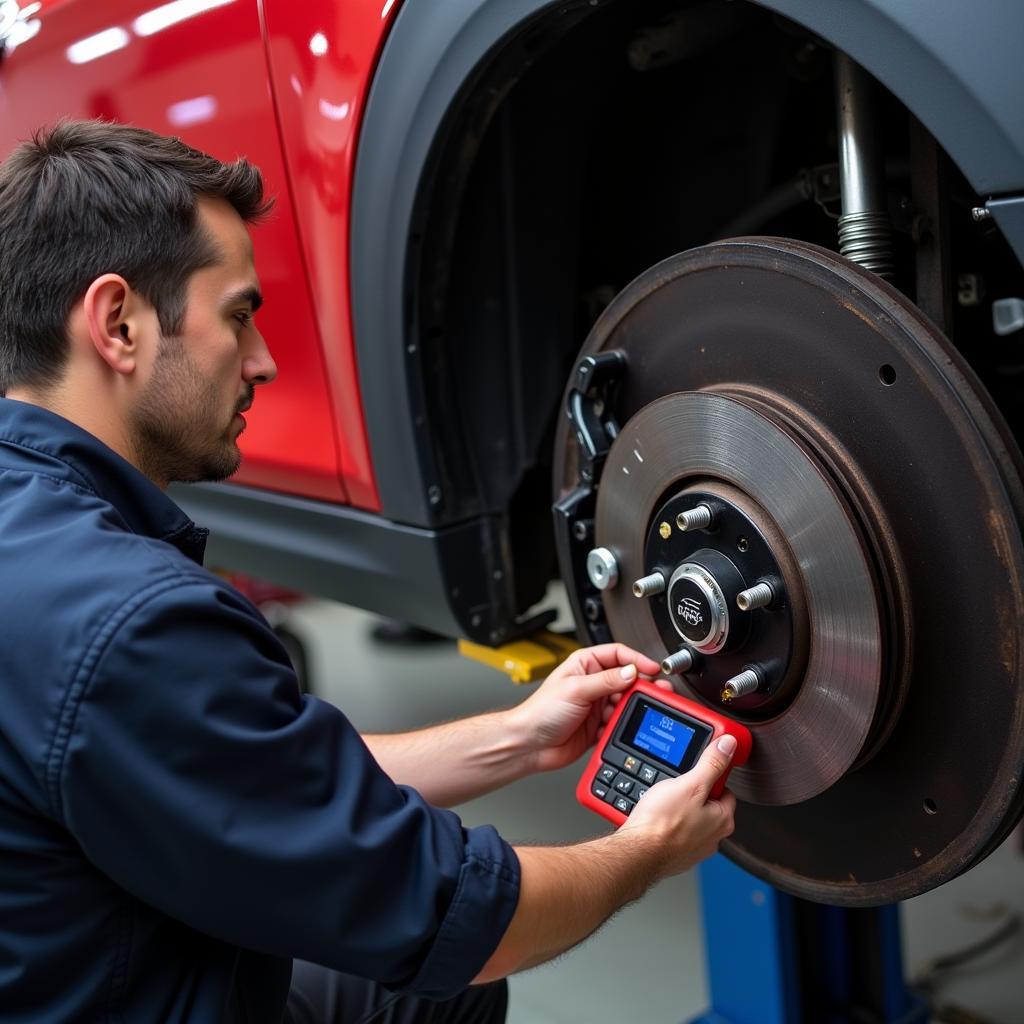 Mechanic Diagnosing Mini Cooper Brake System