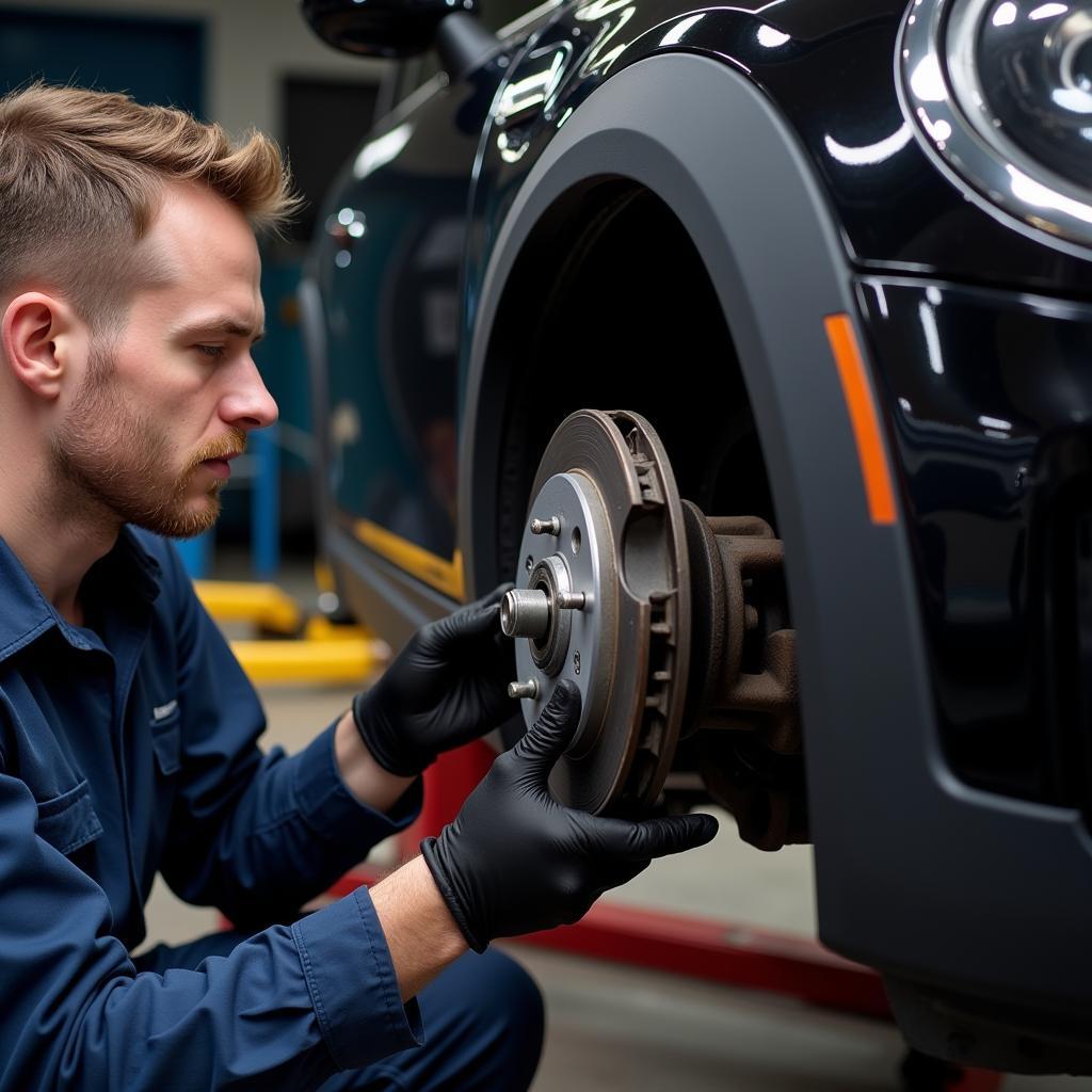  A mechanic inspecting the brake system of a Mini Cooper