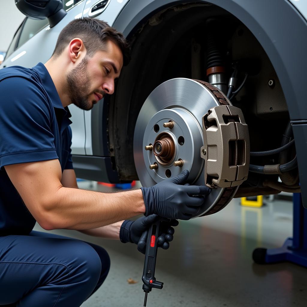 Mechanic Inspecting Mini Cooper Brakes