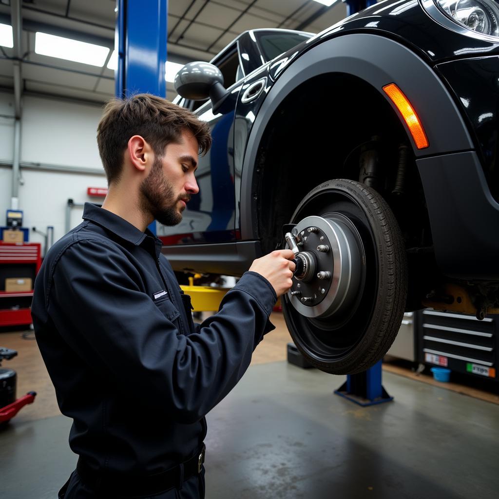 Mechanic Inspecting Mini Cooper Brakes