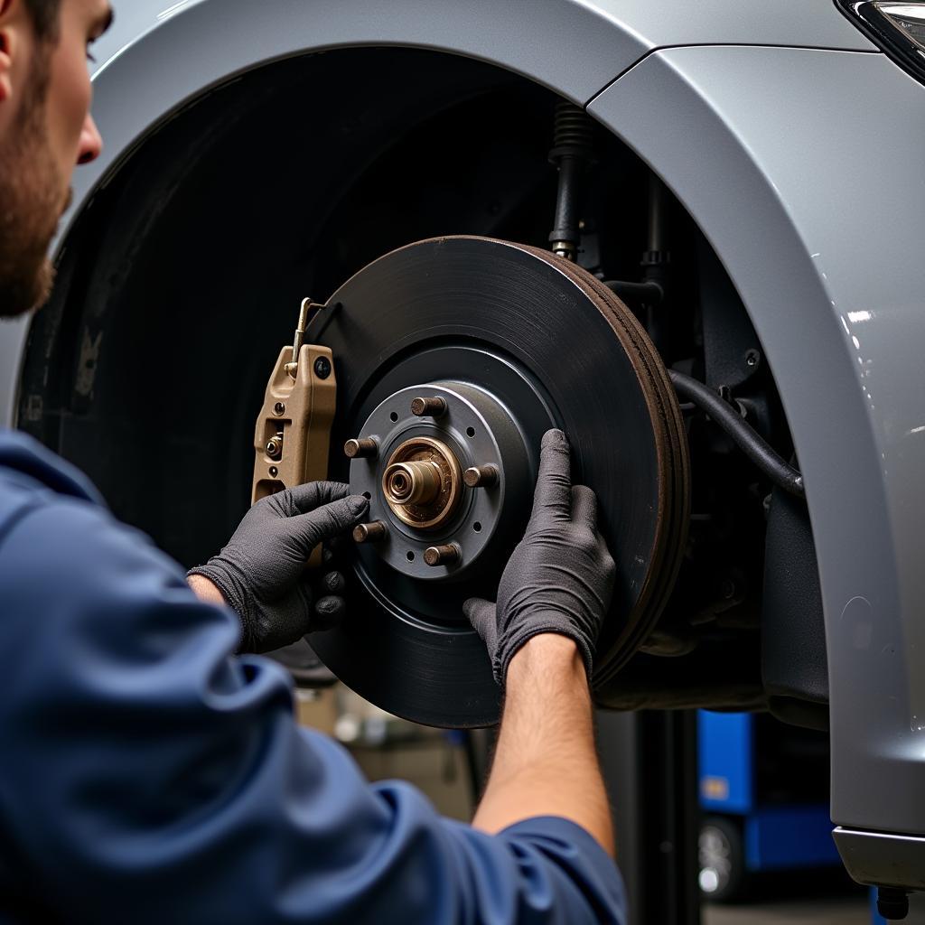 Mechanic Inspecting Passat B5 Brakes