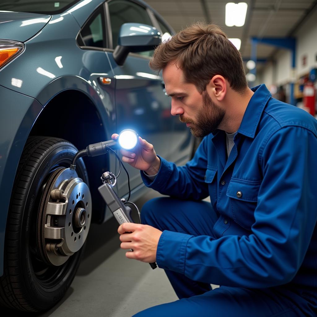 Mechanic Inspecting Prius Brake System in Auto Shop