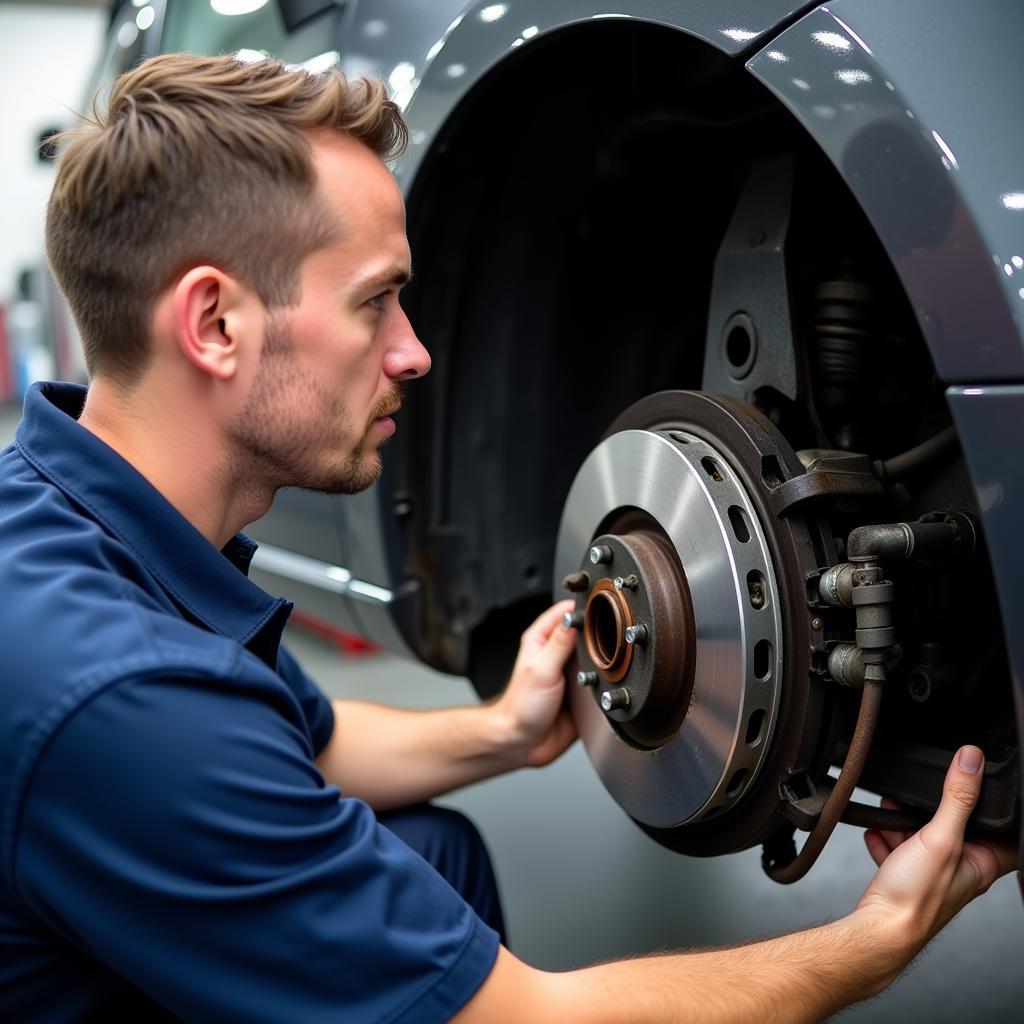 Mechanic Inspecting Seat Alhambra Brakes