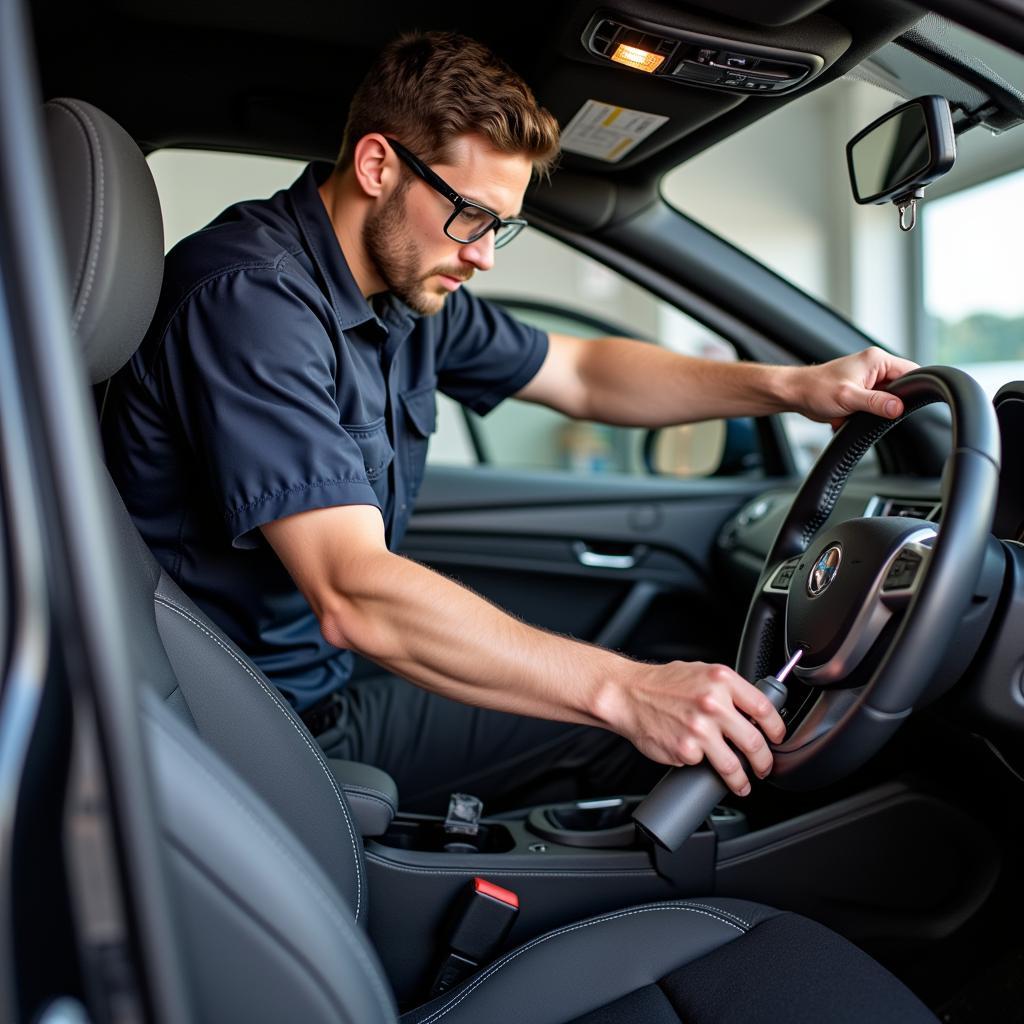 Mechanic Inspecting Seat Belt Buckle