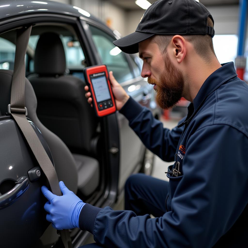 Mechanic Diagnosing Seat Belt Issue