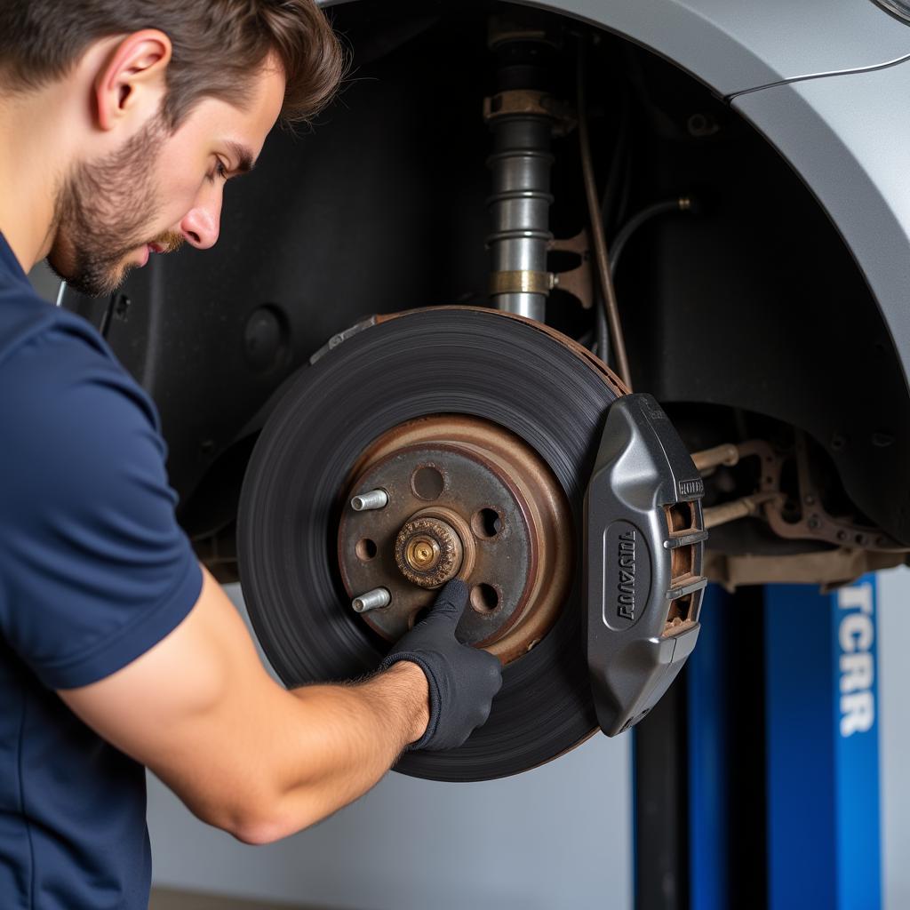 Mechanic Inspecting Subaru Brakes