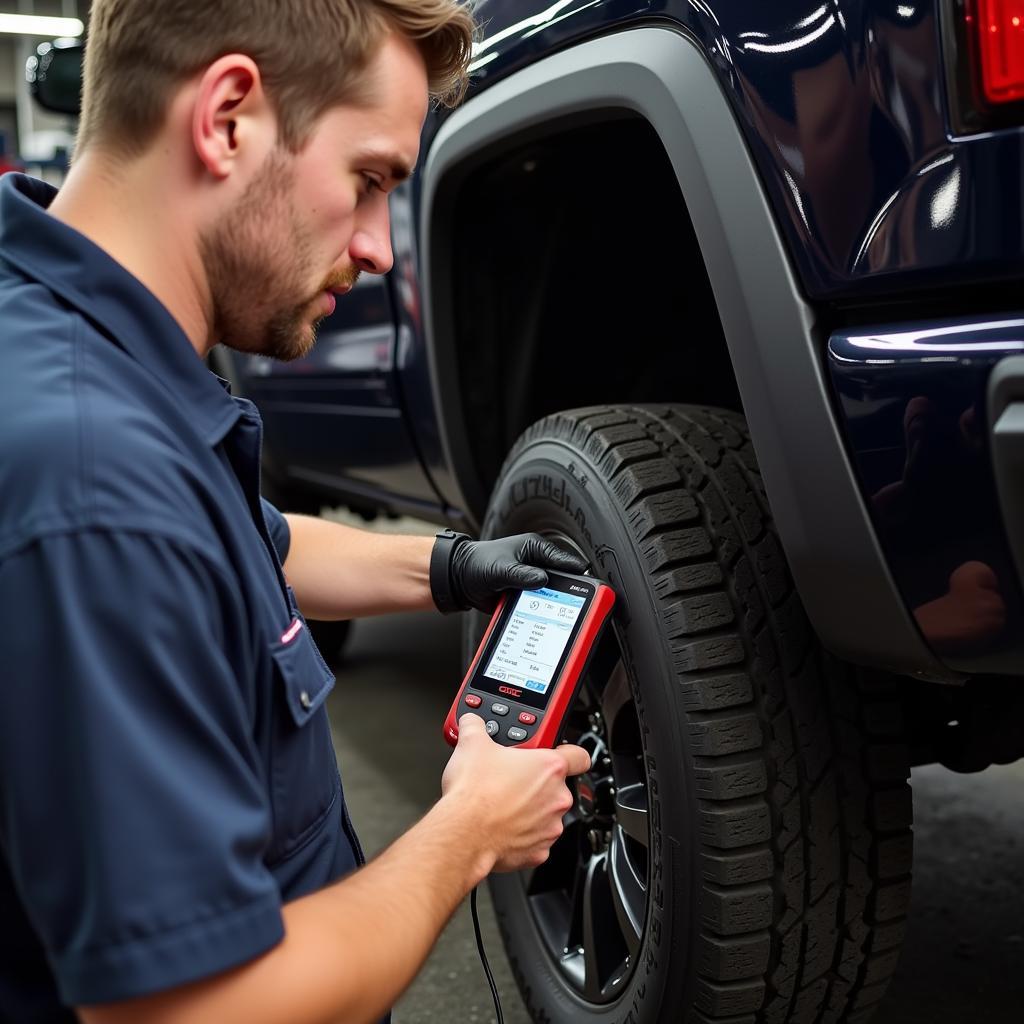 Mechanic inspecting a trailer brake controller