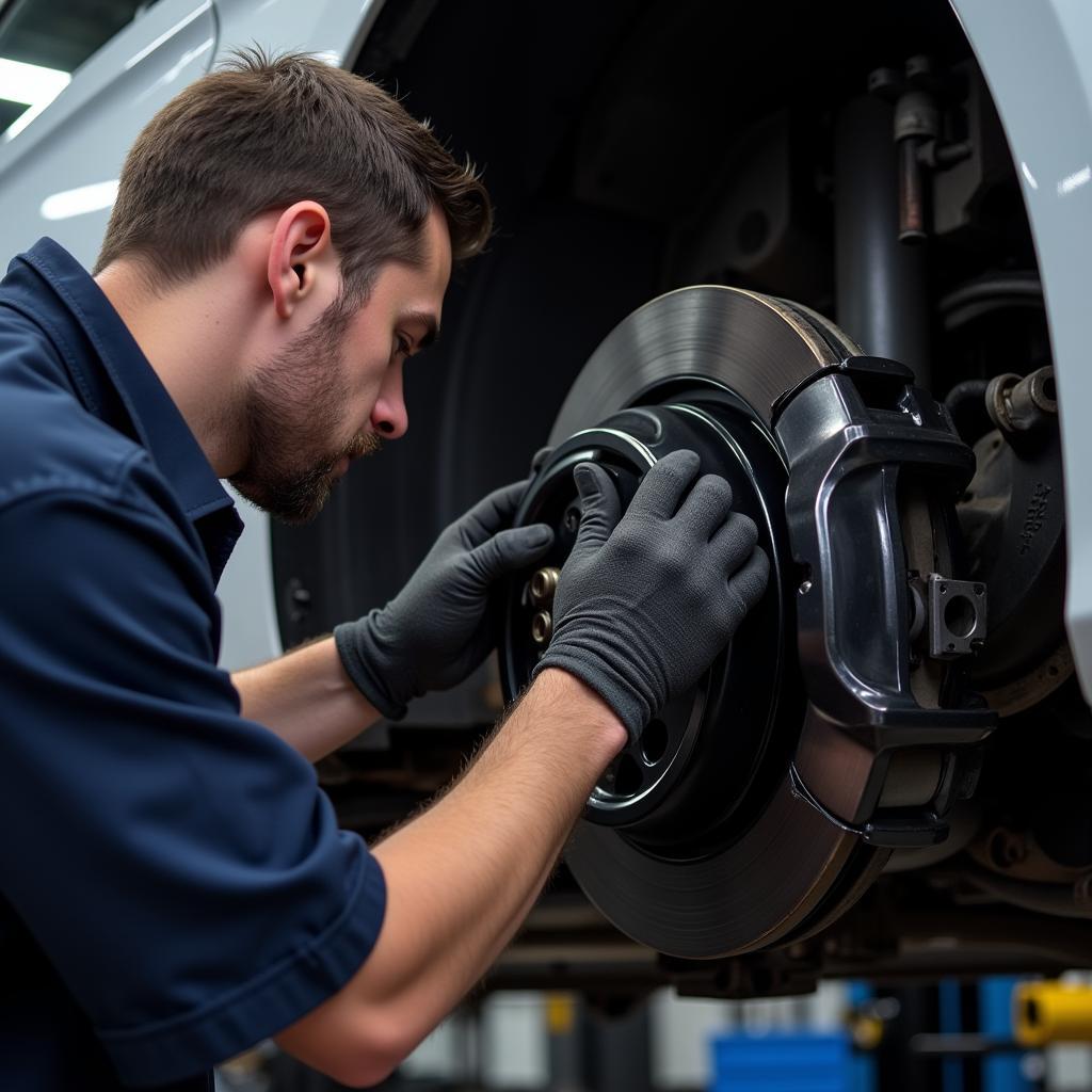 Mechanic inspecting the brakes of a VW Jetta