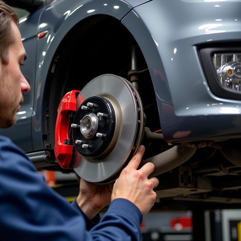 Mechanic inspecting the brakes of a VW Polo