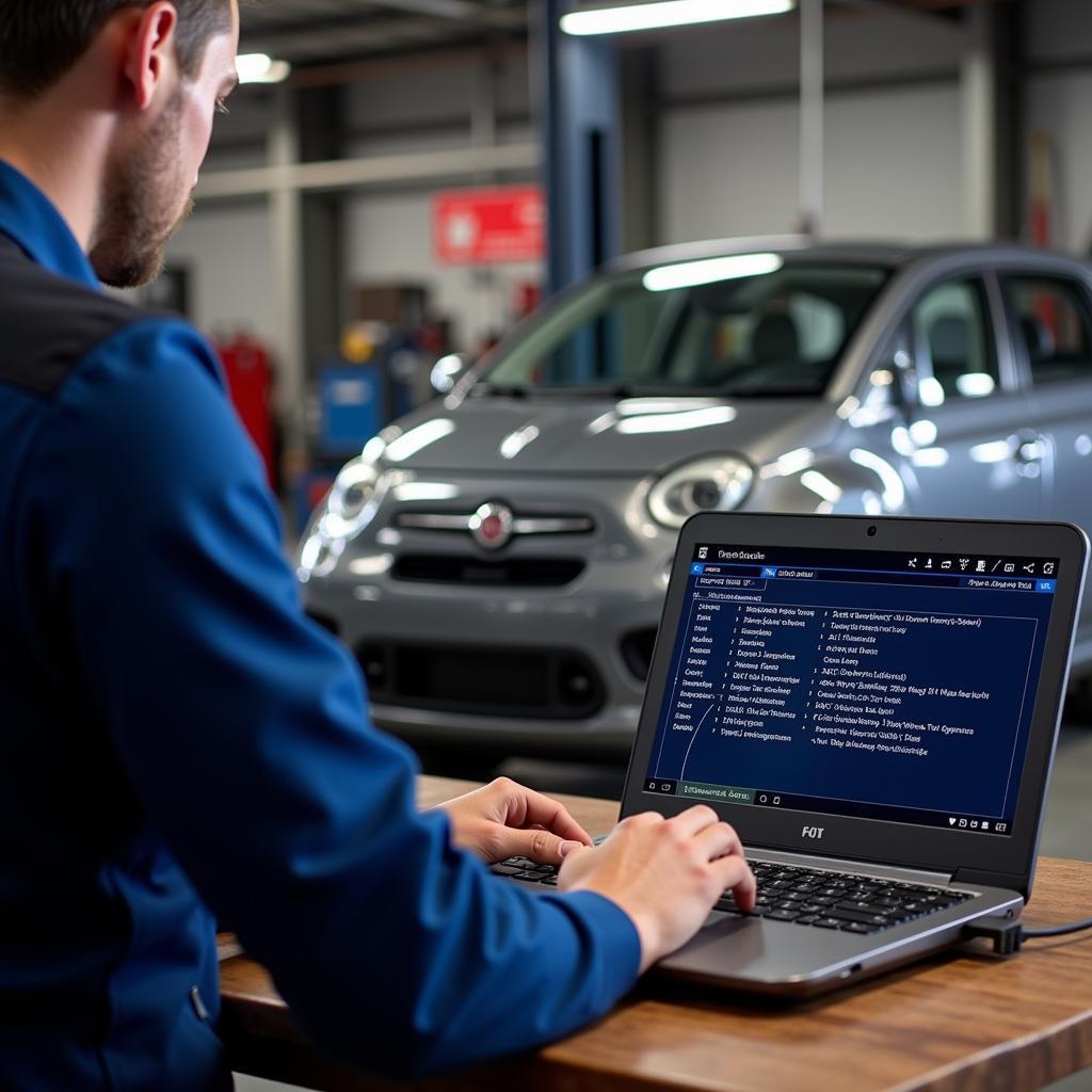 A mechanic using a laptop to perform remote diagnostics on a Fiat 500X