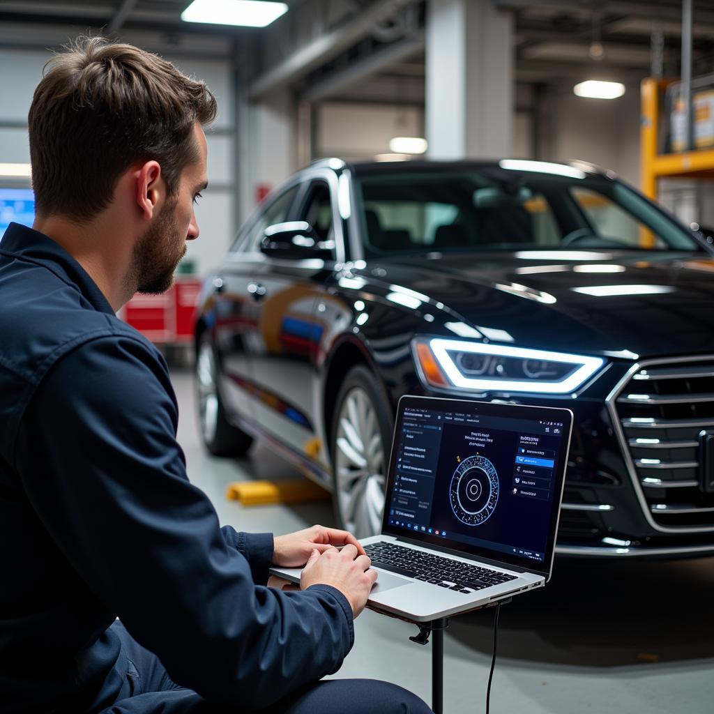 Mechanic using a laptop for remote diagnostics on an Audi A6