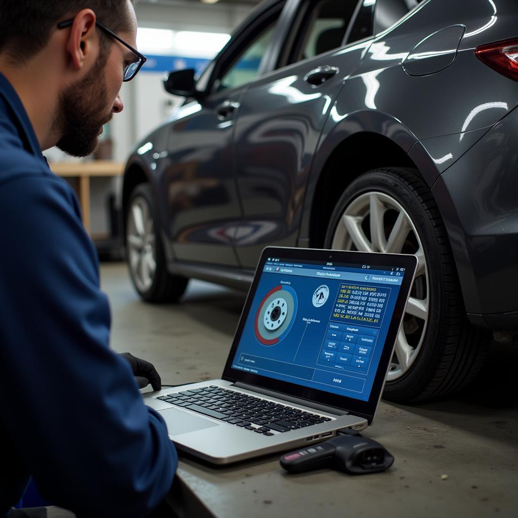 Mechanic performing remote diagnostics on brake system using a laptop and specialized software, analyzing data to identify the root cause of a brake pad monitoring warning light.