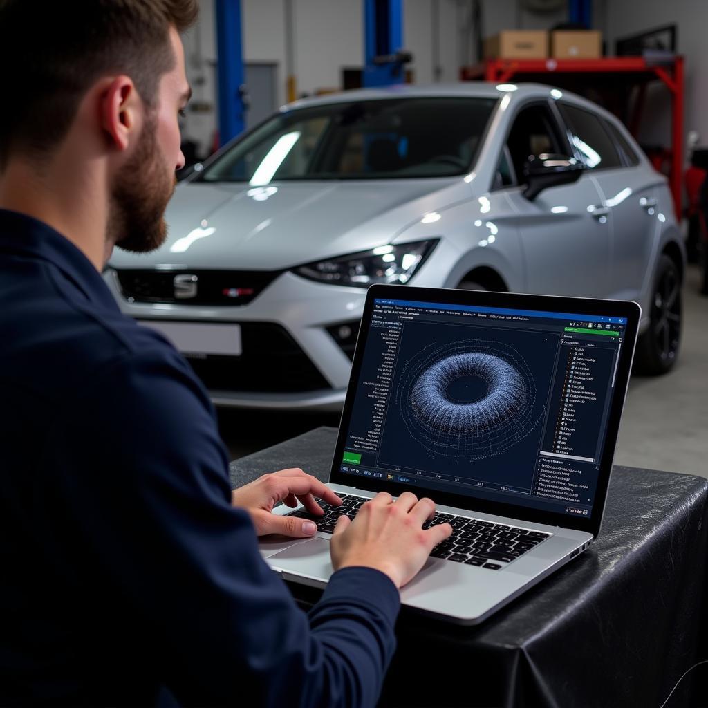 Mechanic Performing Remote Diagnostics on a Seat Leon Cupra