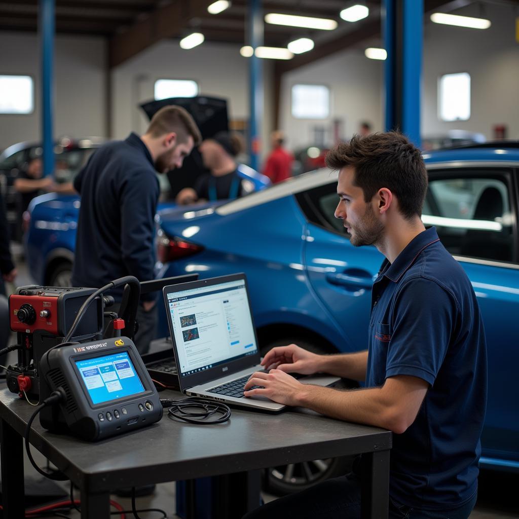 Mechanic Performing Remote Diagnostics on a Toyota Prius