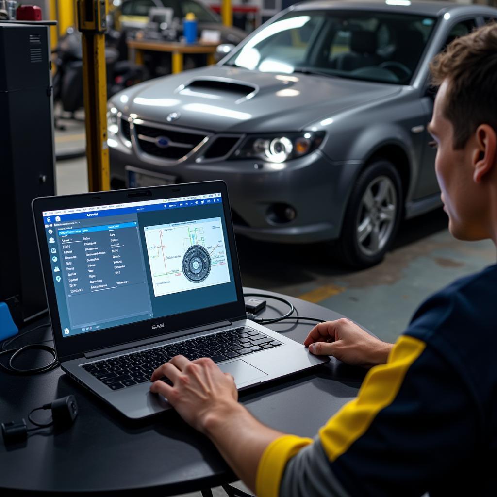 Mechanic Performing Remote Diagnostics on a Saab 9-3