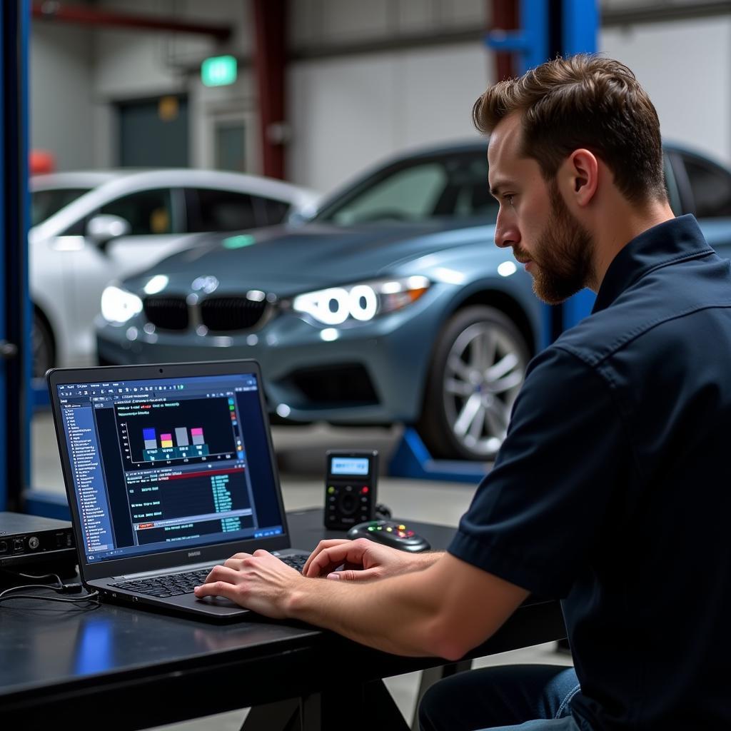 Mechanic Performing Remote Software Update on Car's Brake System