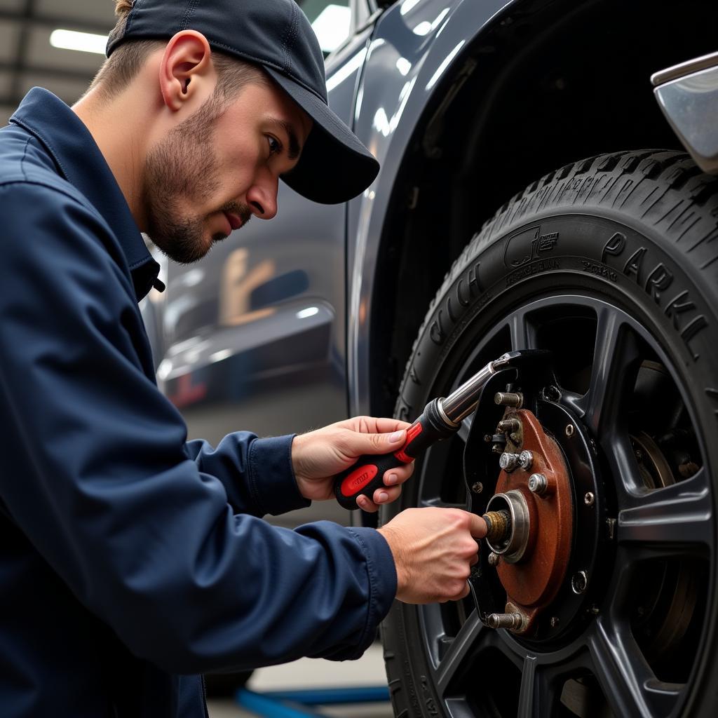 Mechanic Repairing the Electric Park Brake System of a Car