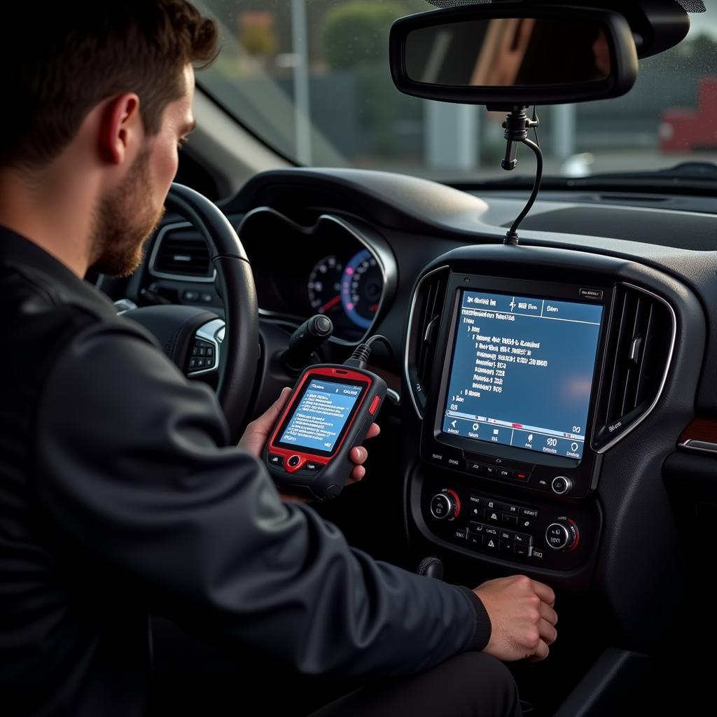 Mechanic Using a Diagnostic Scan Tool on a Car