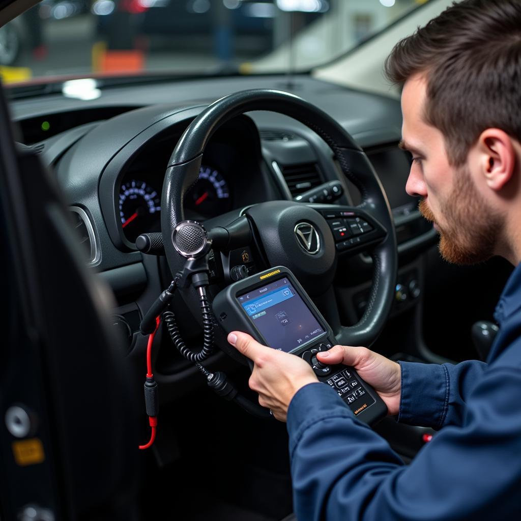 Mechanic using a diagnostic tool on a vehicle