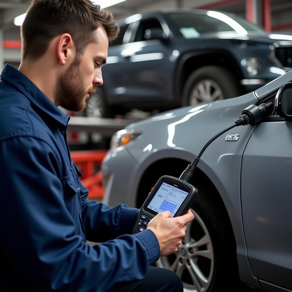 Mechanic Using Diagnostic Tool on Car to Troubleshoot Brake System