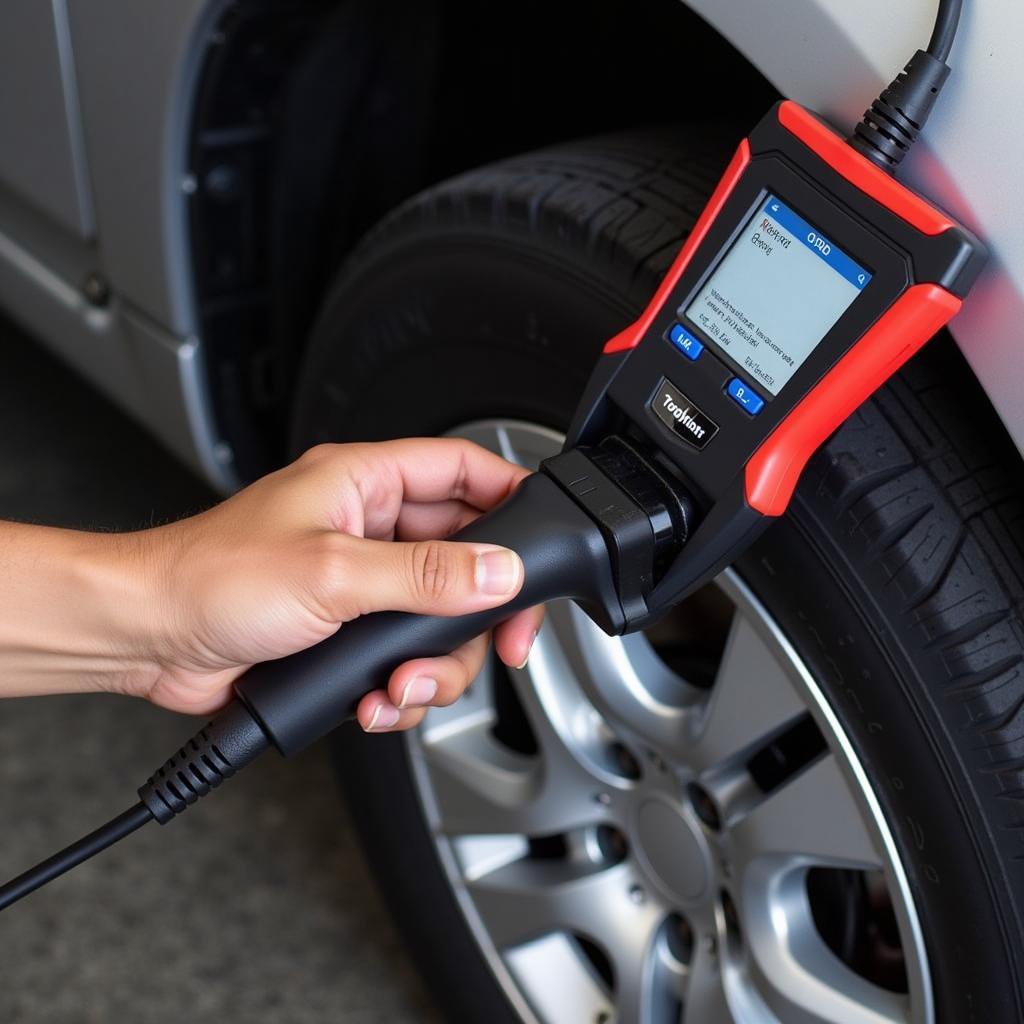 Mechanic connecting an OBD-II scanner to an Audi A3 for diagnostics