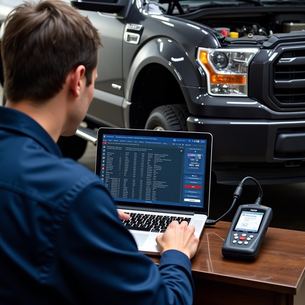 Mechanic using a laptop to perform remote diagnostics on a Ford F-150