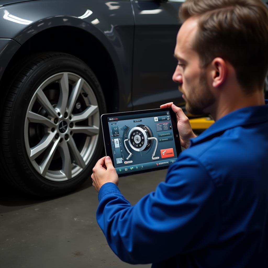 Mechanic using a tablet for car diagnostics