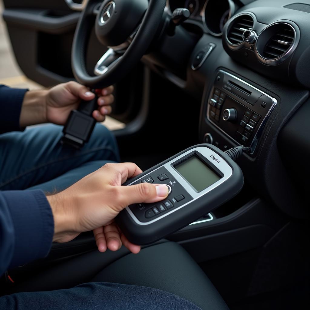 Mercedes-Benz Technician Diagnosing Seat Belt Warning with Diagnostic Tool