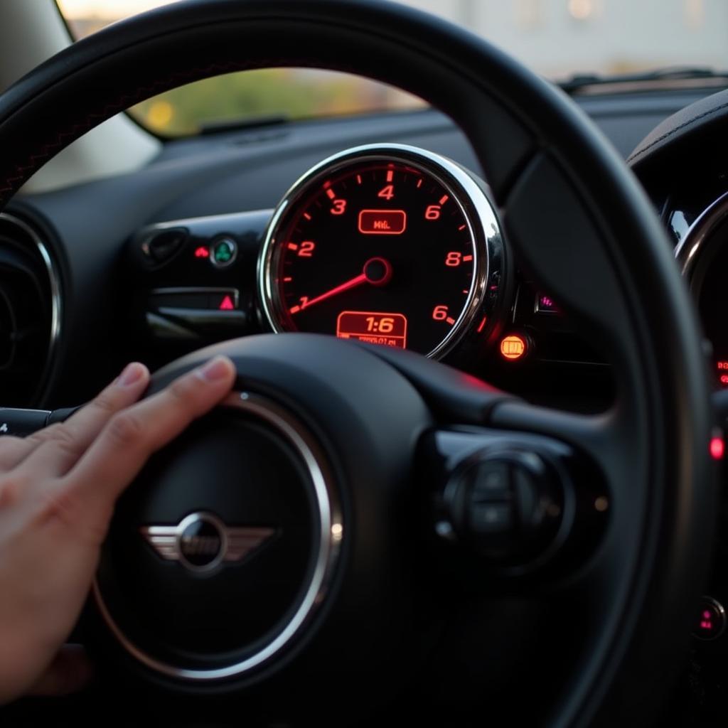 Mini Cooper dashboard with illuminated seat belt warning light