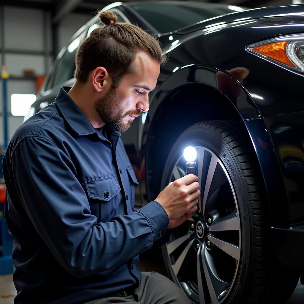 Mechanic Inspecting the Brake System of a Nissan Maxima