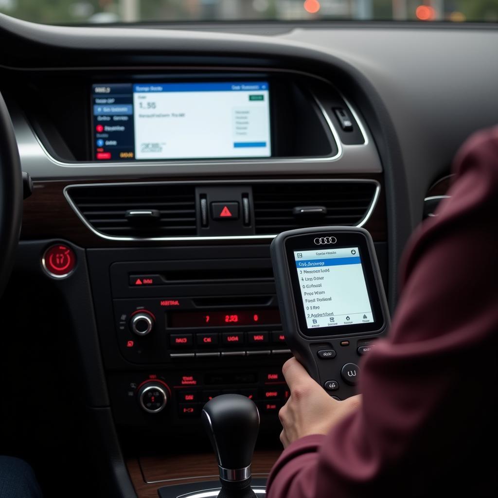 Connecting an OBD-II scanner to a 2008 Audi A8L for diagnostics.