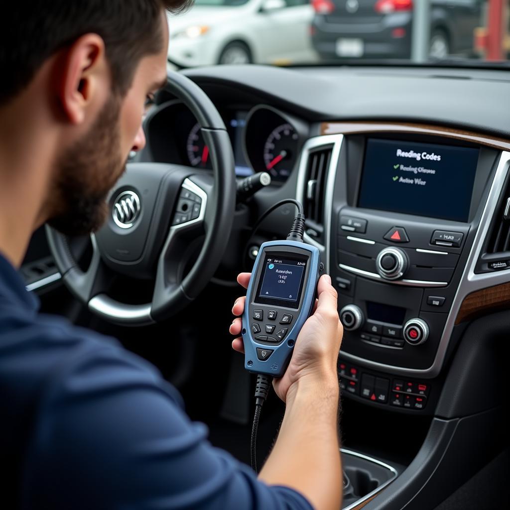 Mechanic Connecting an OBD-II Scanner to a Buick Lacrosse