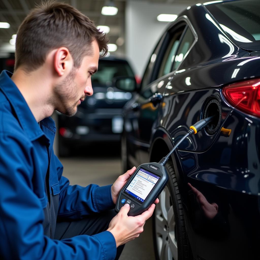 Mechanic using OBD scanner to diagnose car problem