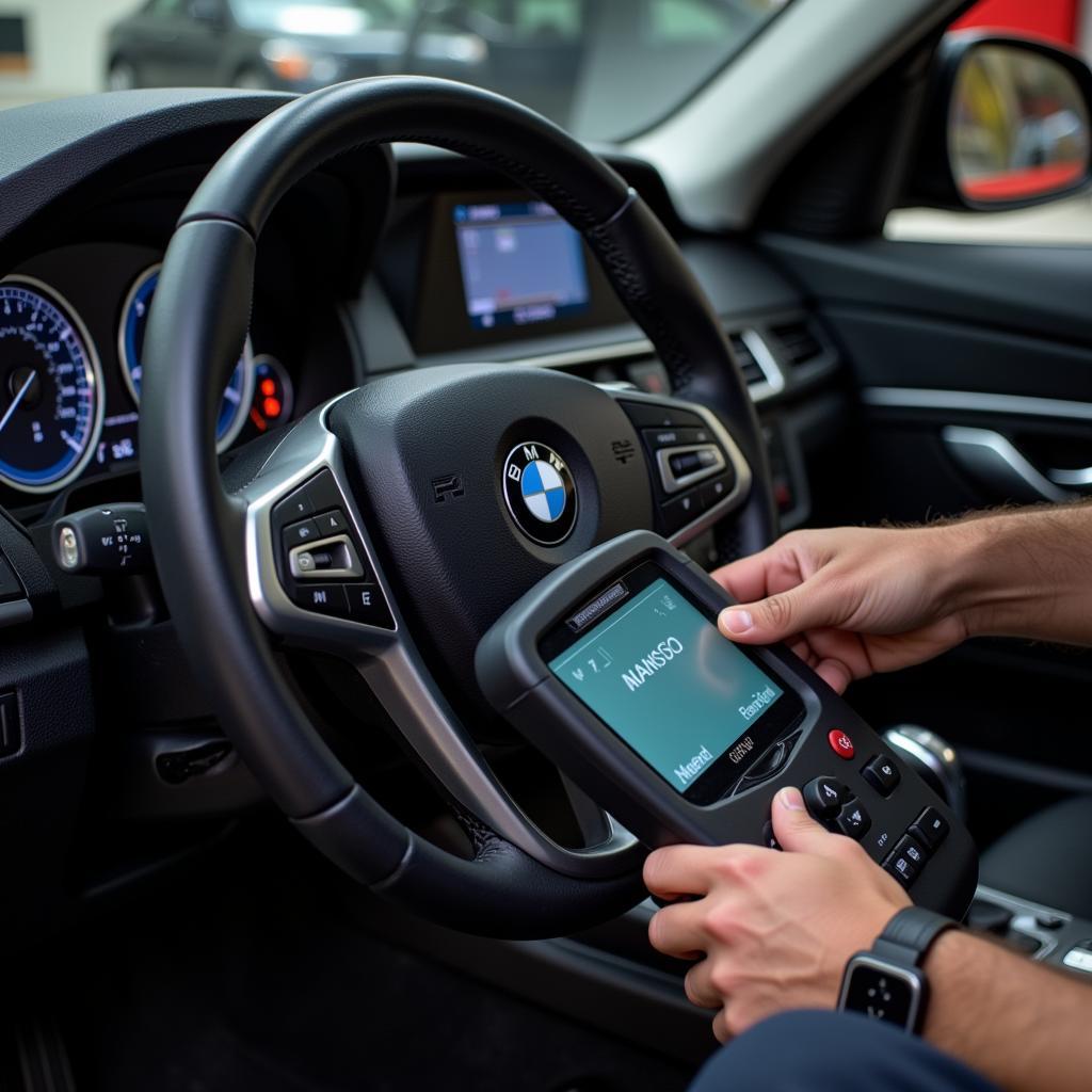 Mechanic Using OBD-II Scanner to Reset Brake Warning Light