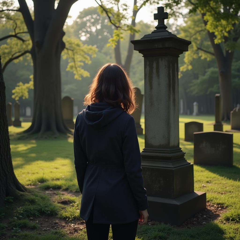 Person reading a headstone in a graveyard