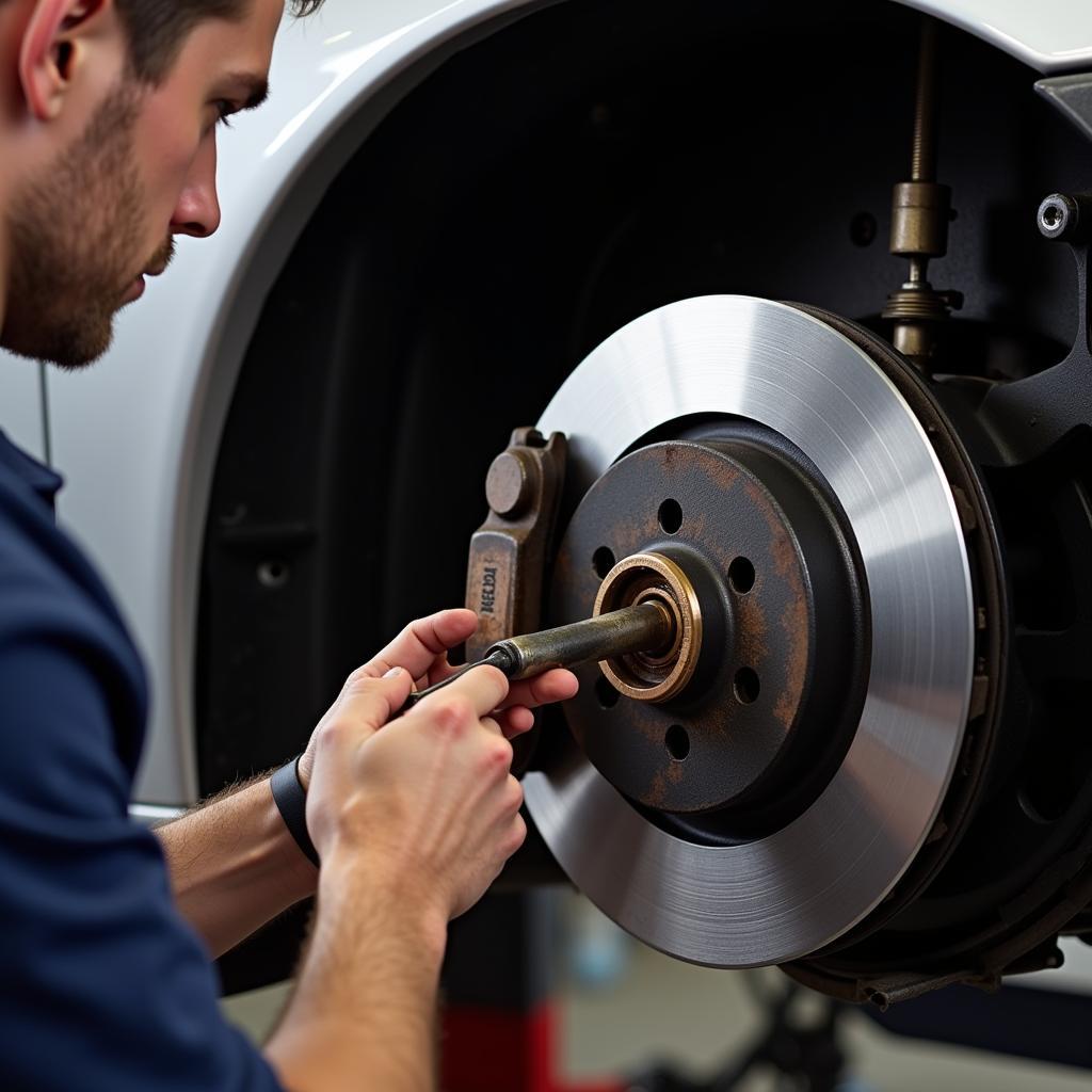 Mechanic Inspecting Porsche 996 Brakes