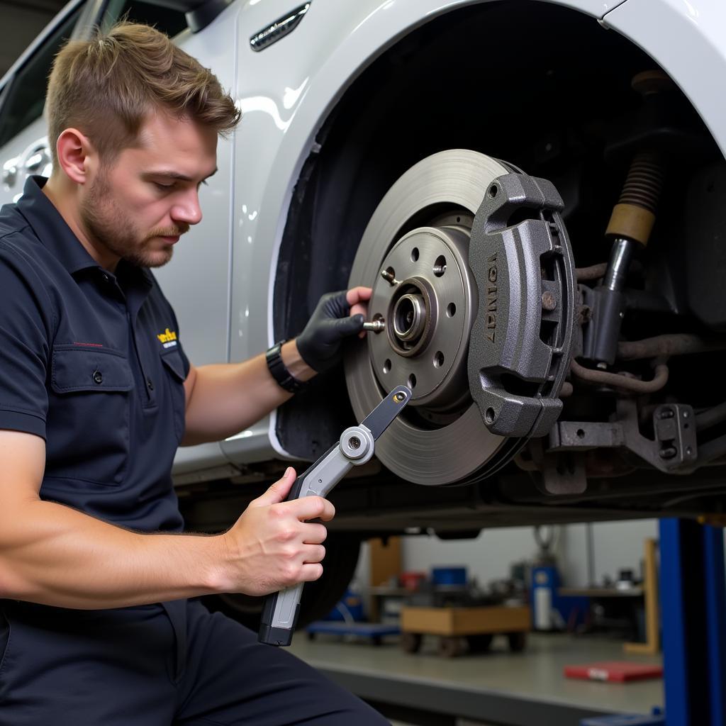 Mechanic inspecting the braking system of a Toyota Prius