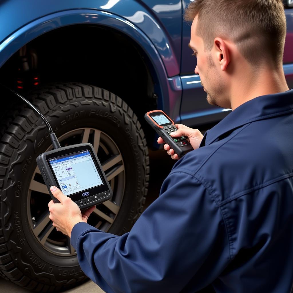 Professional Mechanic Diagnosing ABS System on a Ford F150 Using a Diagnostic Scanner