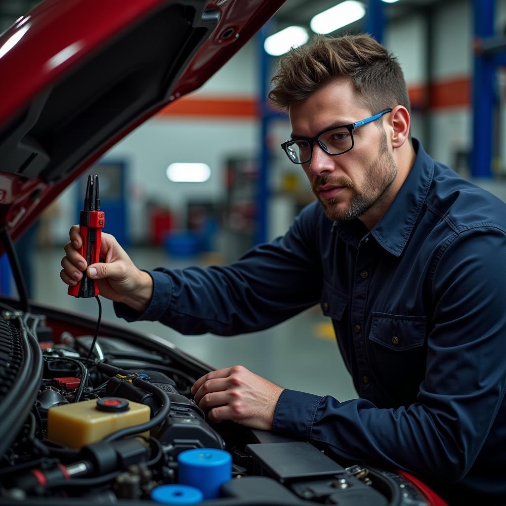 A professional mechanic inspecting a car's electrical wiring harness.