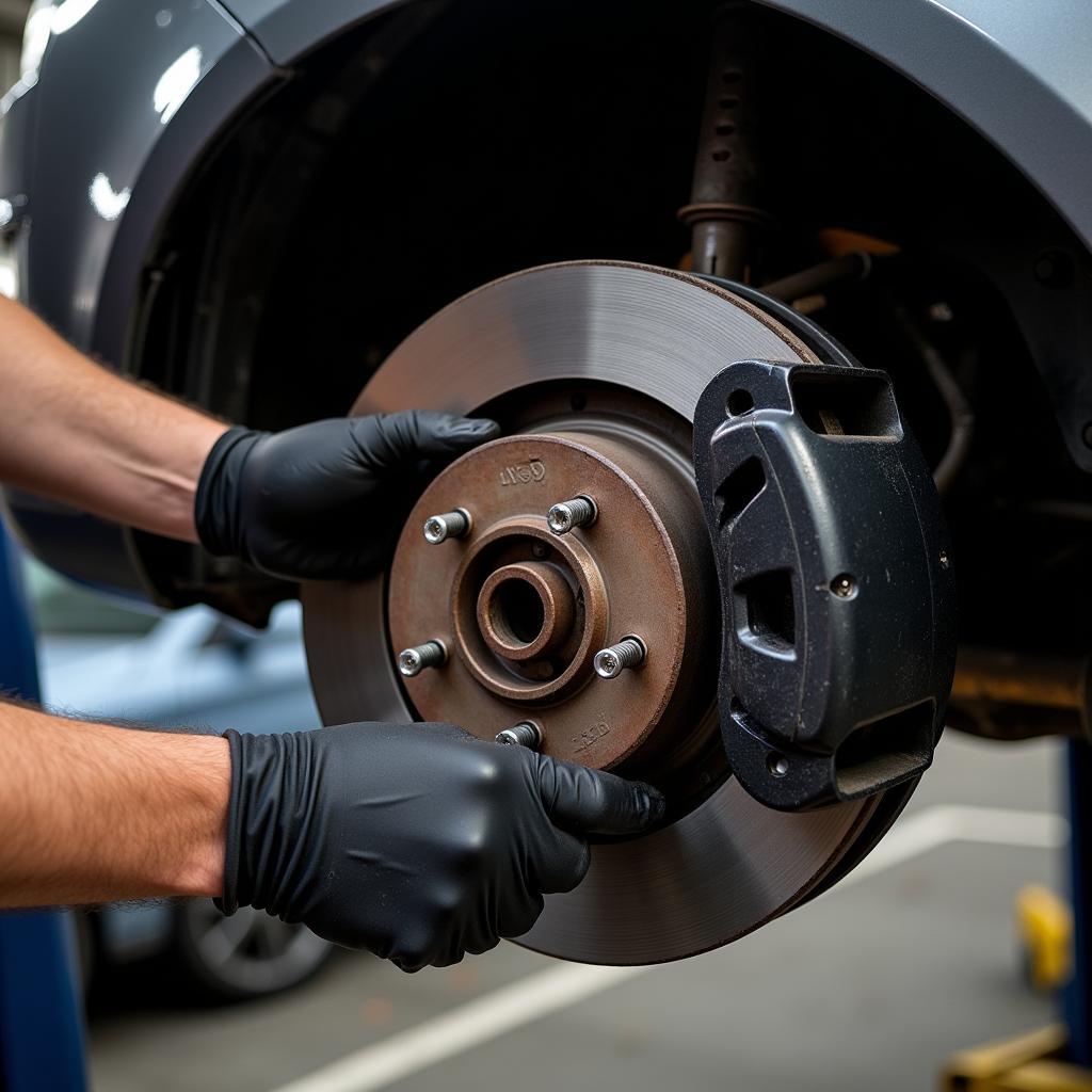 Mechanic Inspecting Range Rover Sport Brake Pads