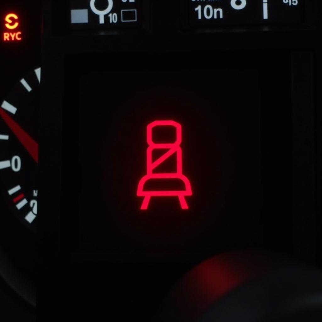 Car dashboard with illuminated rear seat belt warning light