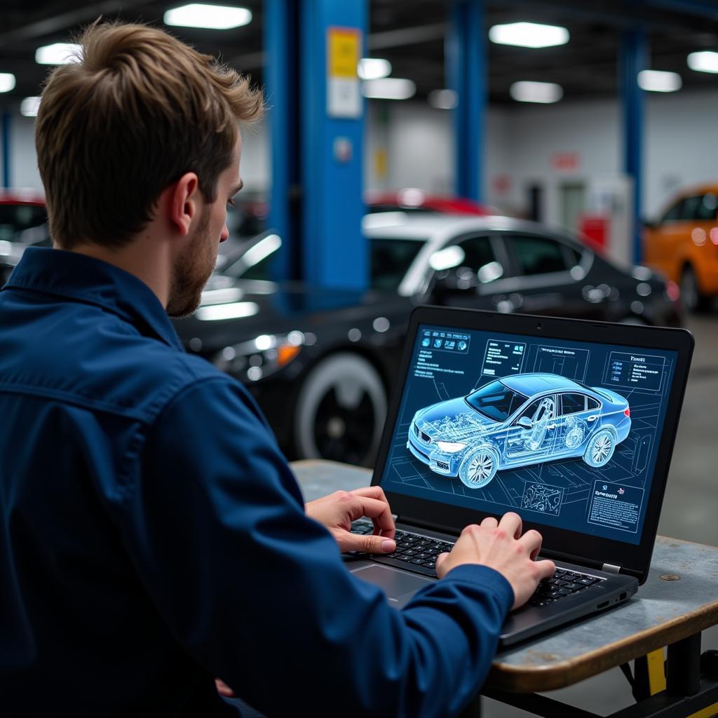 Mechanic using a laptop for remote car diagnostics