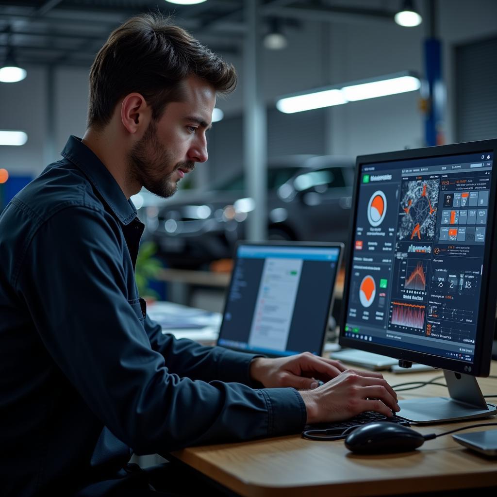 Modern car diagnostics using computer software.