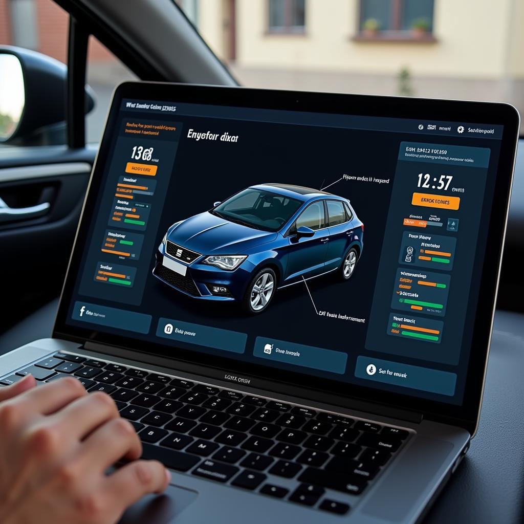 Laptop displaying remote car diagnostics for a Seat Ibiza