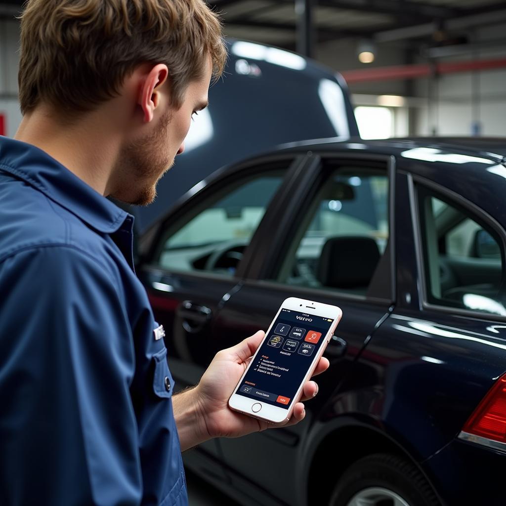 Mechanic Performing Remote Car Diagnostics Using a Smartphone