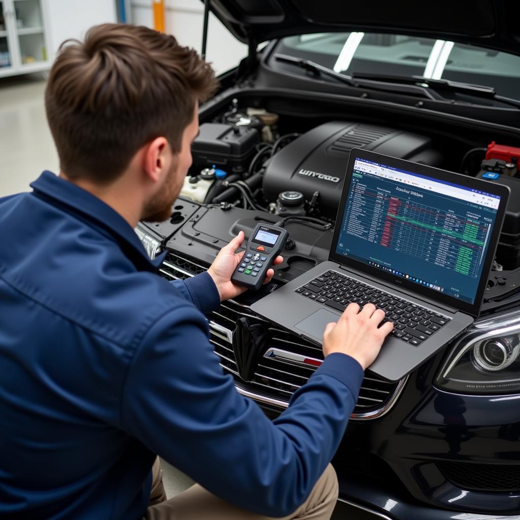 A mechanic using a laptop for remote diagnostics on a 1970 Camaro.