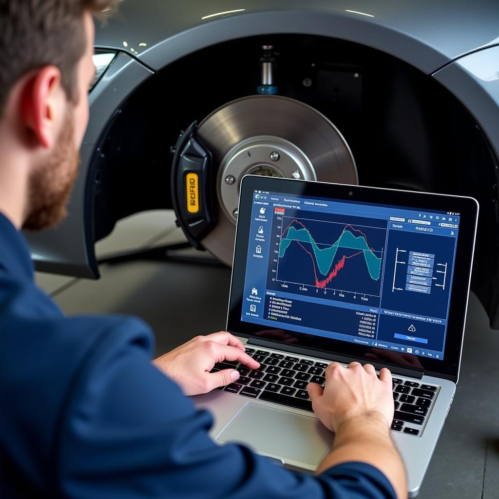 Technician Performing Remote Diagnostics on a Car's Brake System