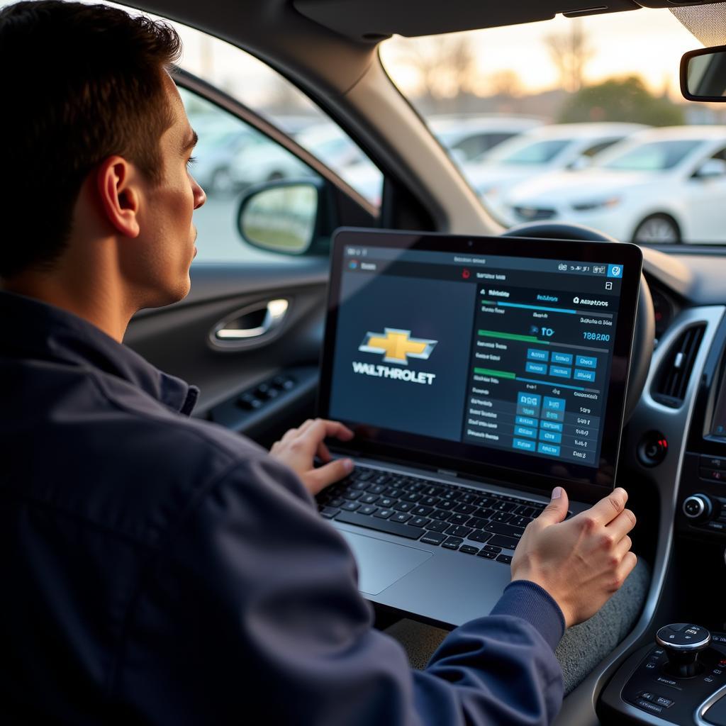 Technician performing remote diagnostics on a 2014 Chevy Malibu using a laptop